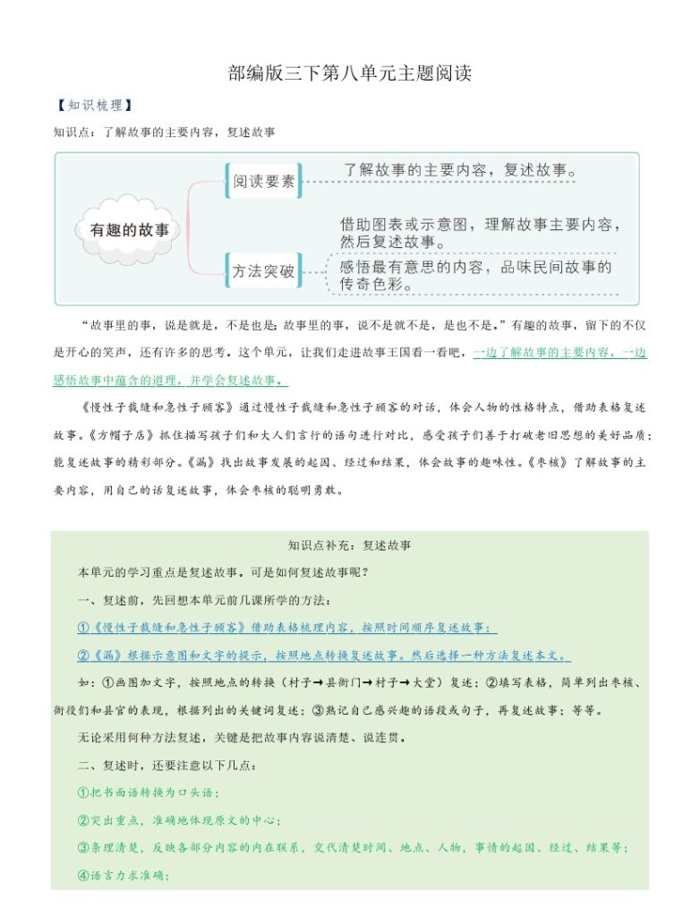 【主题阅读专项】第八单元（知识梳理+精选阅读）三年级语文下册 部编版-可达学习资料