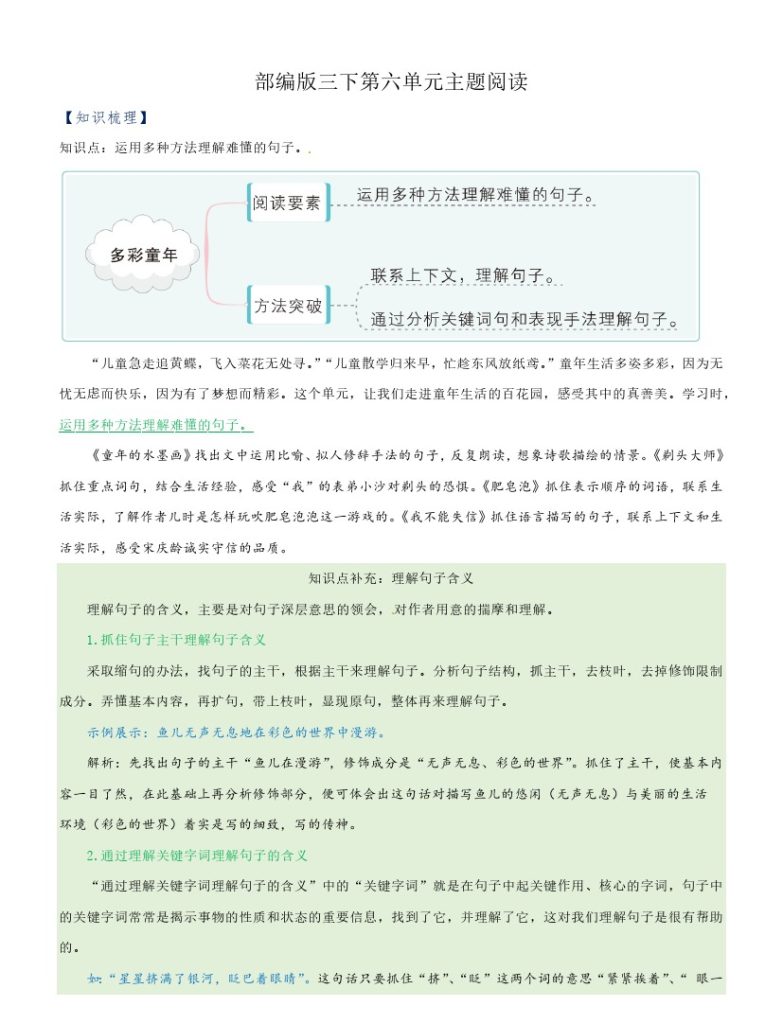 【主题阅读专项】第六单元（知识梳理+精选阅读）三年级语文下册 部编版-可达学习资料