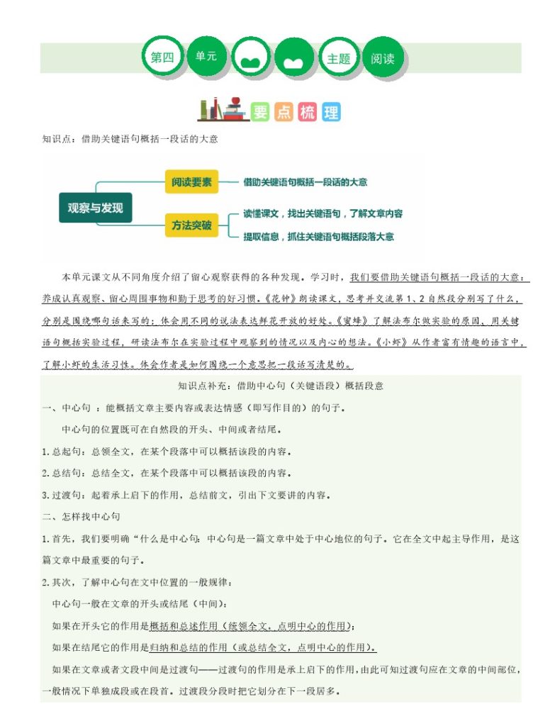 【主题阅读理解】第四单元（知识梳理+精选阅读）三年级语文下册（部编版）-可达学习资料