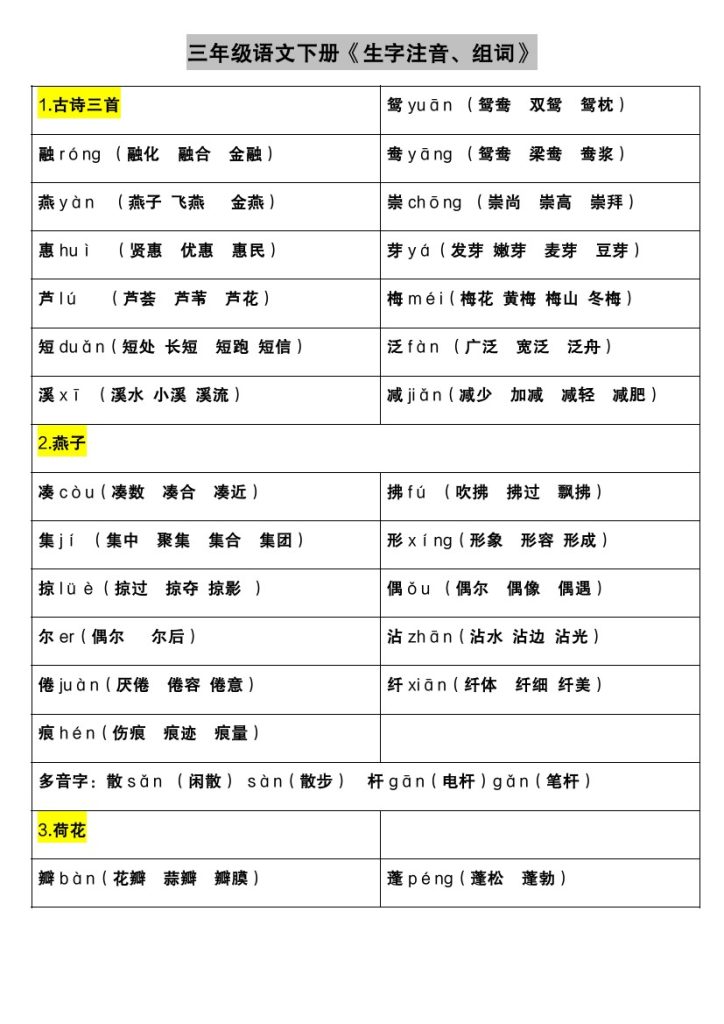三（下）语文：《生字注音、组词》2-可达学习资料