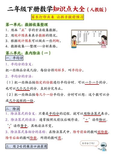 【1-8单元必背知识点汇总】二下数学-可达学习资料