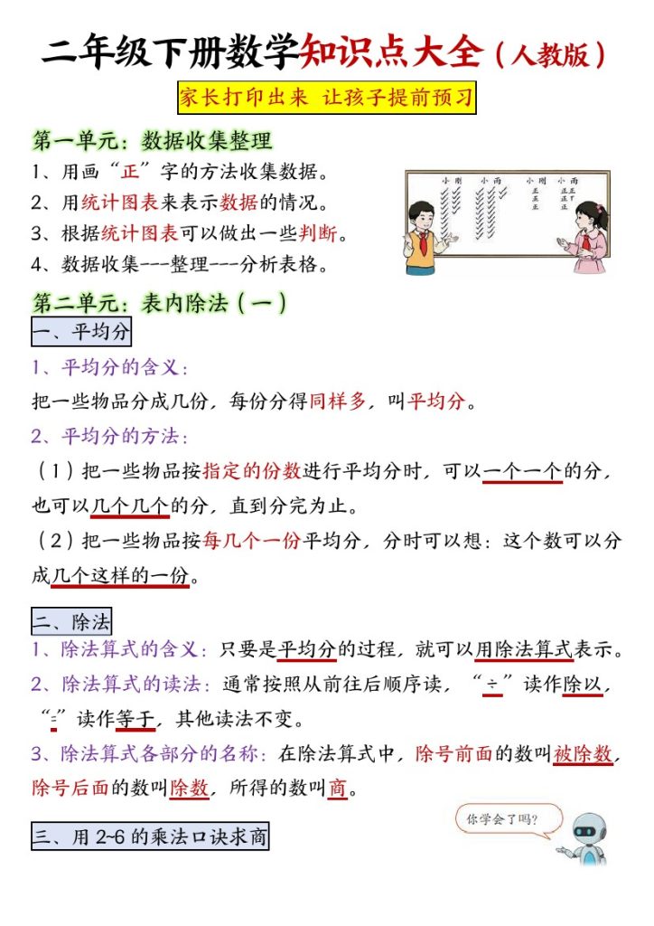 【1-8单元必背知识点汇总】二下数学-可达学习资料
