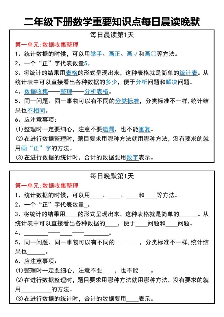 二年级下册数学重要知识点每日晨读晚默-可达学习资料