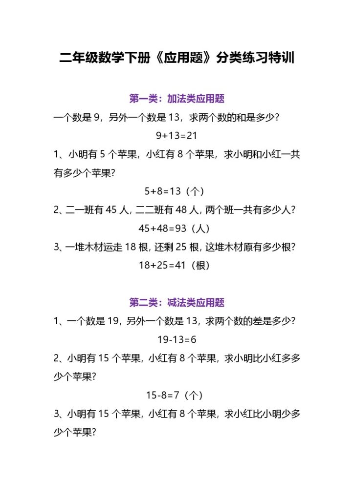 二（下）数学应用题分类练习特训-可达学习资料