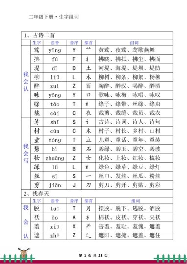 二年级下册生字组词音序-可达学习资料