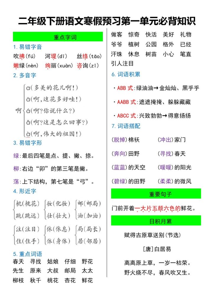 【寒假预习第1-8单元必背知识】二下语文-可达学习资料