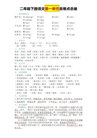 二下语文【全册单元重难点总结】-可达学习资料