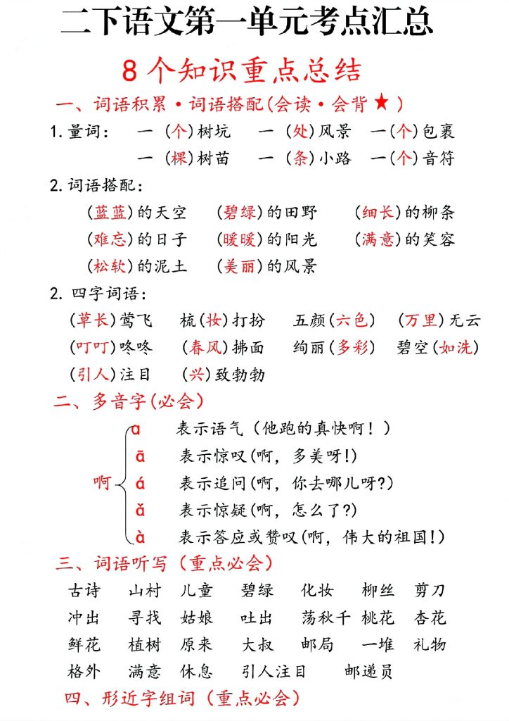 二年级下册语文1-8单元期末复习考点汇总-可达学习资料