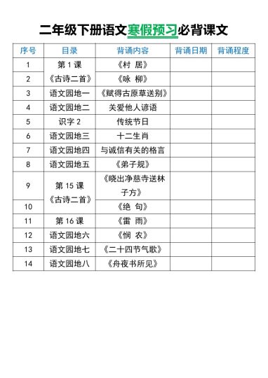 二年级下册语文寒假预习必背课文-可达学习资料