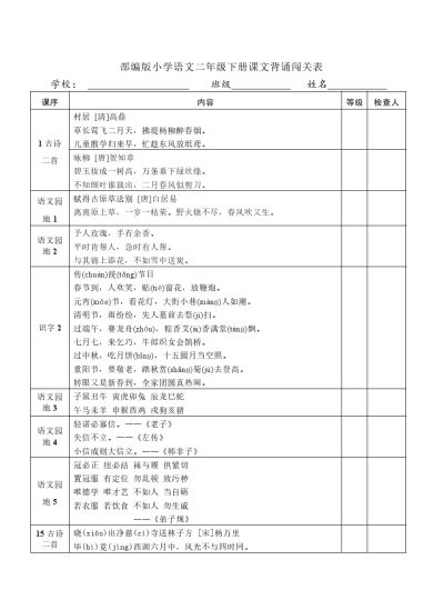 二年级下册课文背诵闯关表-可达学习资料