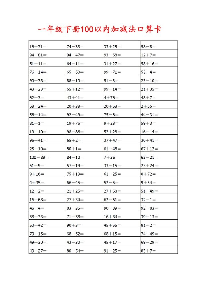 【计算题】100以内加减法口算卡800道-可达学习资料