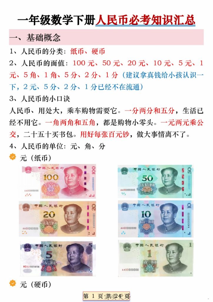 .23一年级数学下册人民币必考知识汇总 (1)-可达学习资料