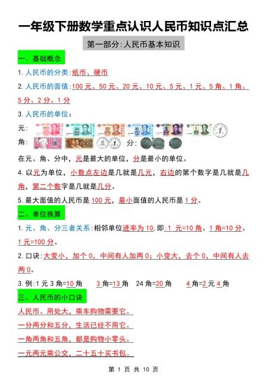 一年级下册数学重点认识人民币知识点汇总-可达学习资料