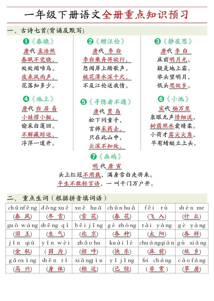 【全册重点知识预习汇总+练习】一下语文-可达学习资料