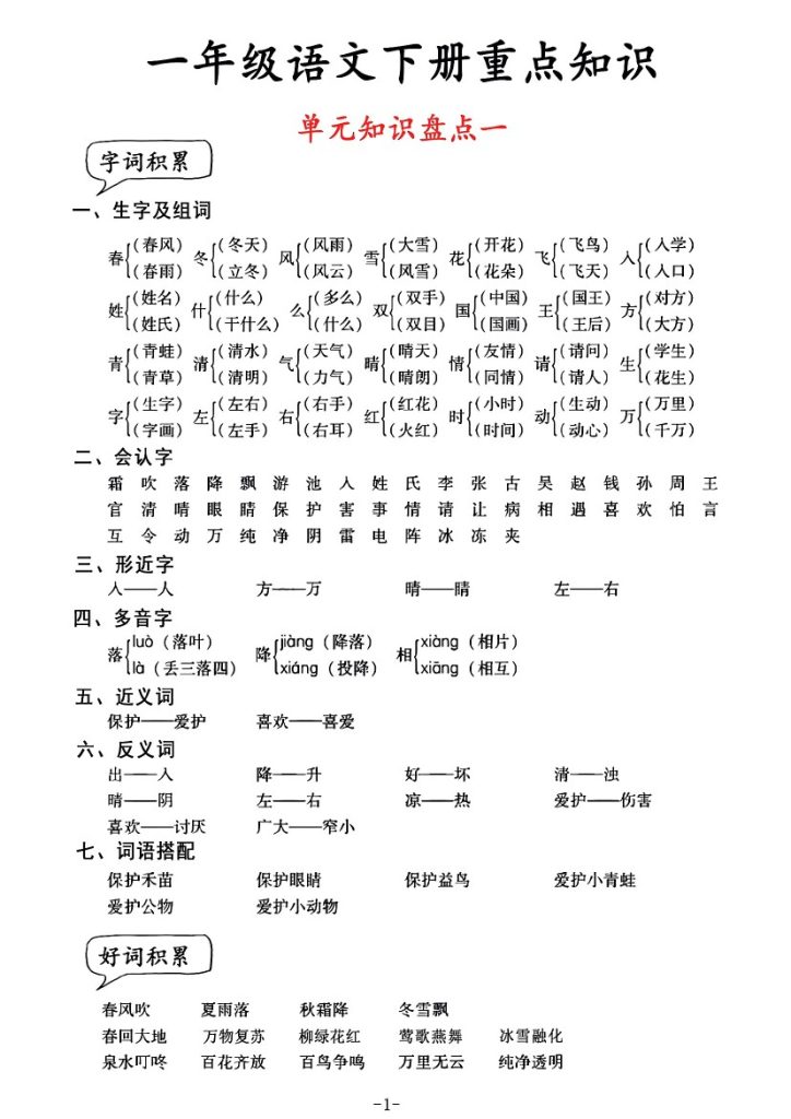 一年级语文单元知识盘点-可达学习资料