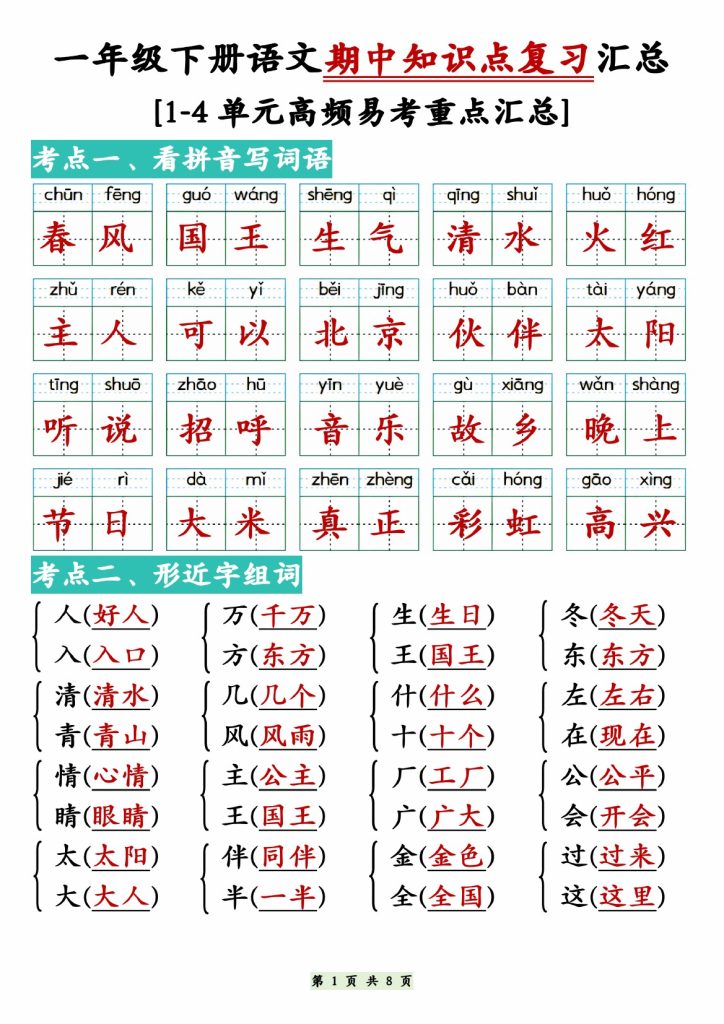 【期中复习高频考点通关练习】一下语文-可达学习资料