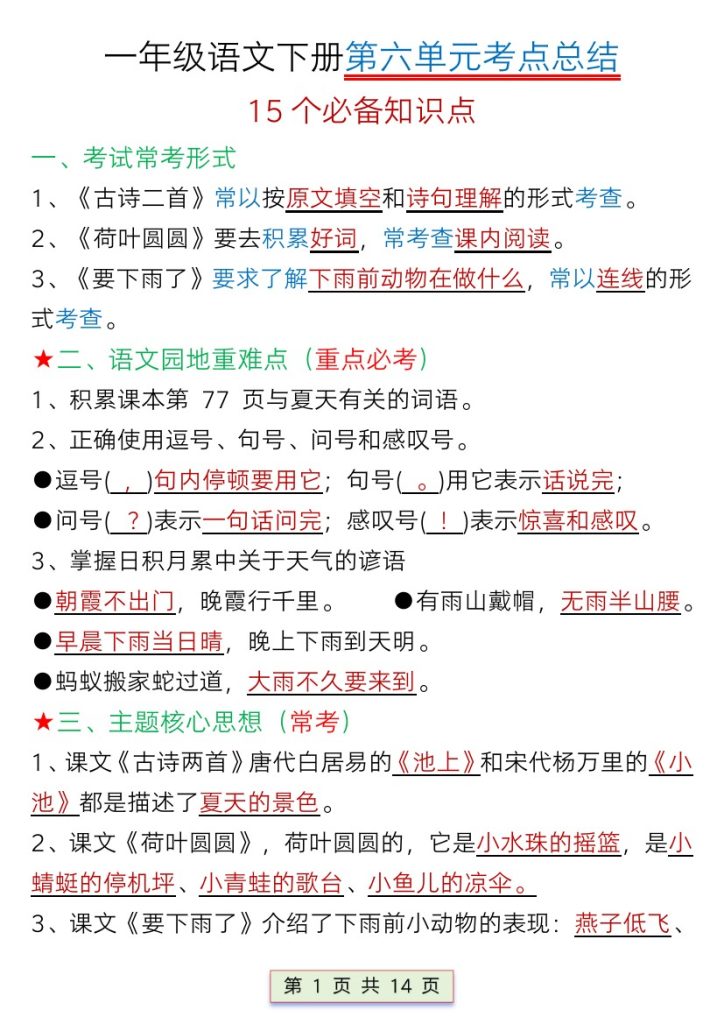 【第六单元考点总结】一下语文-可达学习资料