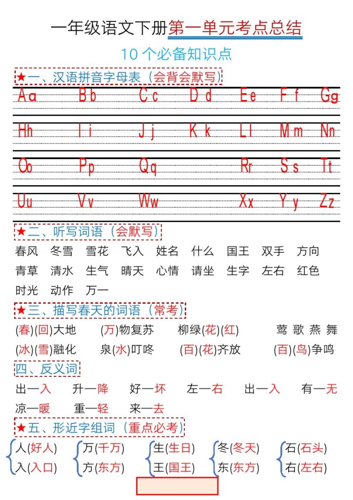★一年级语文下册1-4单元考点总结-可达学习资料