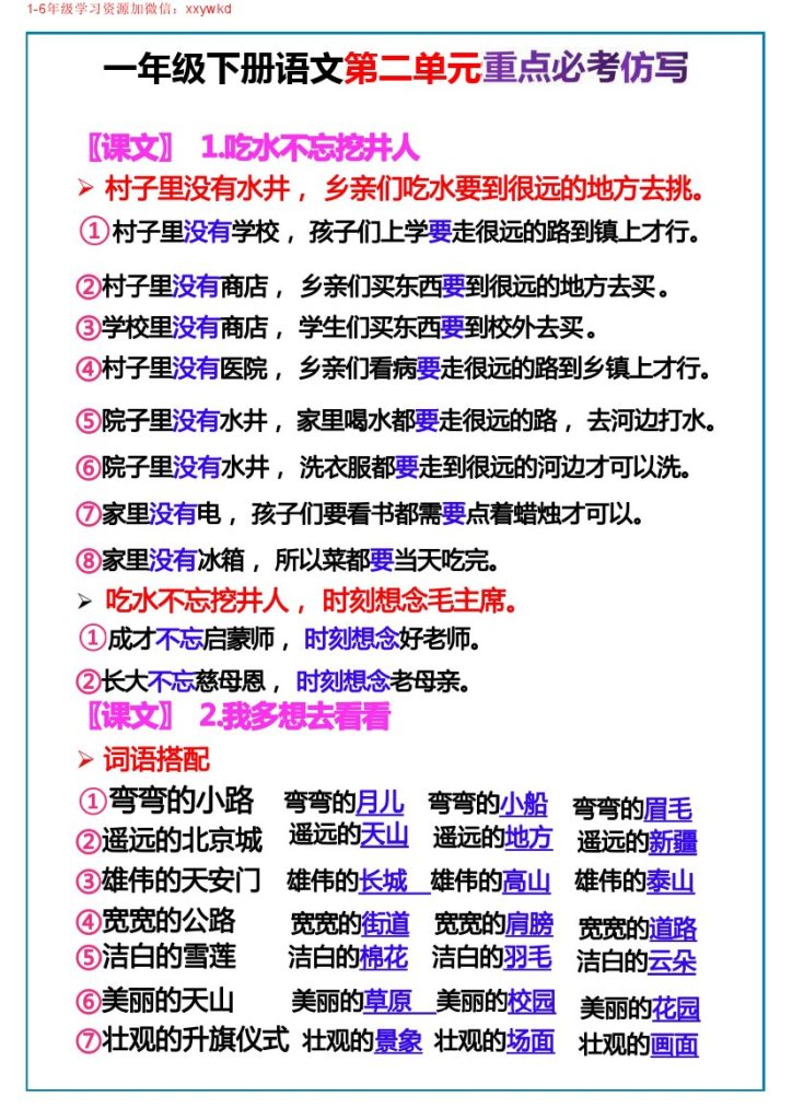 一下语文-第二单元词语句子仿写-可达学习资料