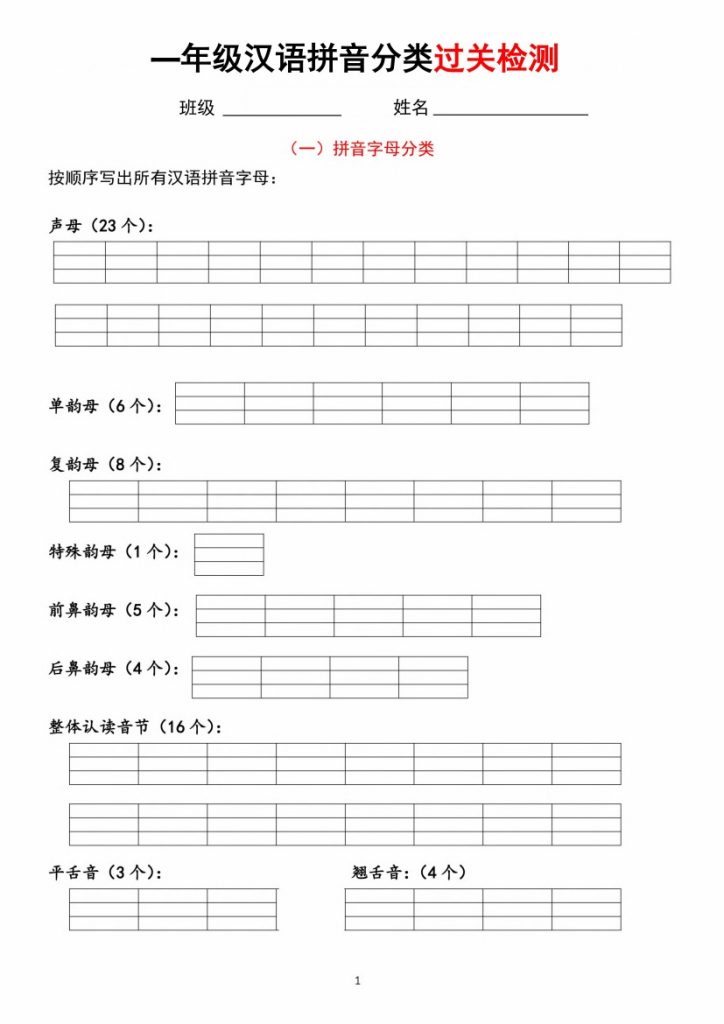 一年级汉语拼音分类过关检测-可达学习资料