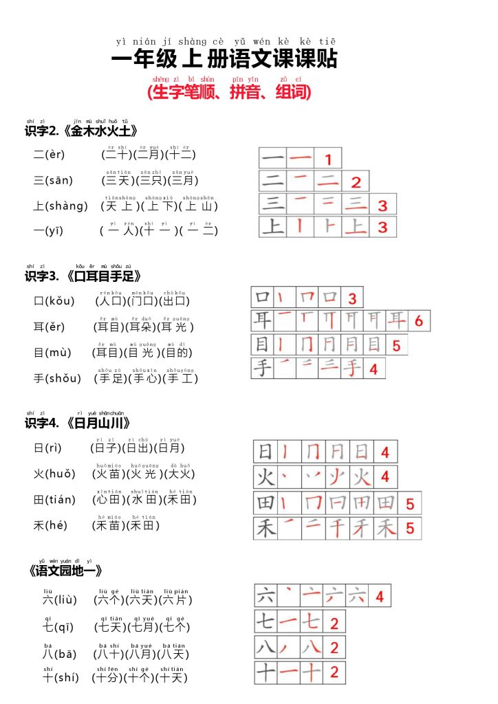 24秋新版一上语文课课贴（生字笔顺、拼音、组词）-可达学习资料