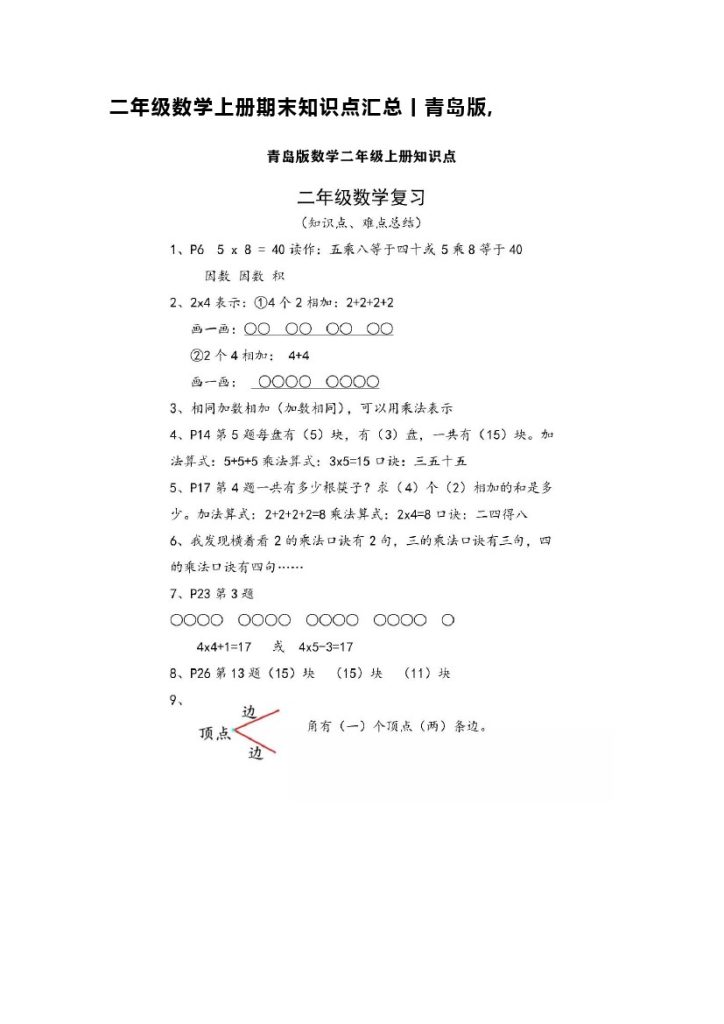 二（上）青岛版数学重点知识点预习-可达学习资料