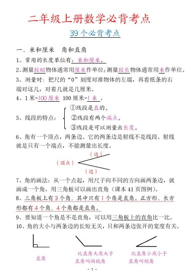 二年级数学上册全册39个必背考点（通用）-可达学习资料