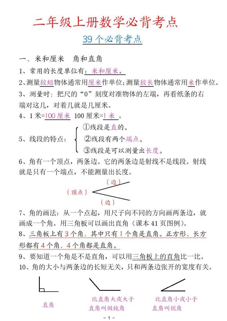二年级数学上册全册39个必背考点（通用）-可达学习资料