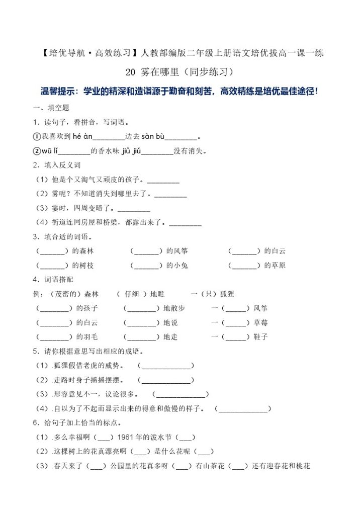 20 雾在哪里-人教部编版（含答案）-可达学习资料