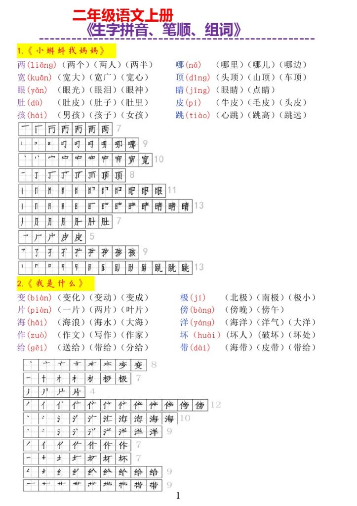 【一升二语文暑假预习】生字拼音、笔顺、组词-完整版-可达学习资料