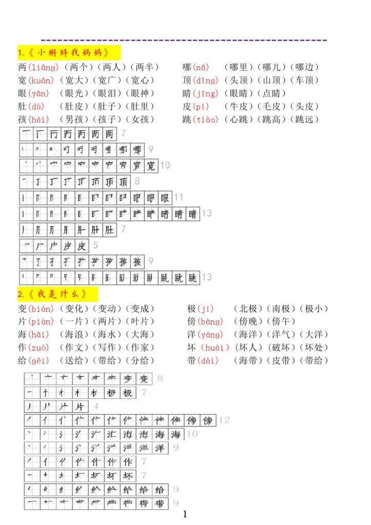 一升二年级语文暑假预习必备《生字拼音、笔顺、组词》-可达学习资料