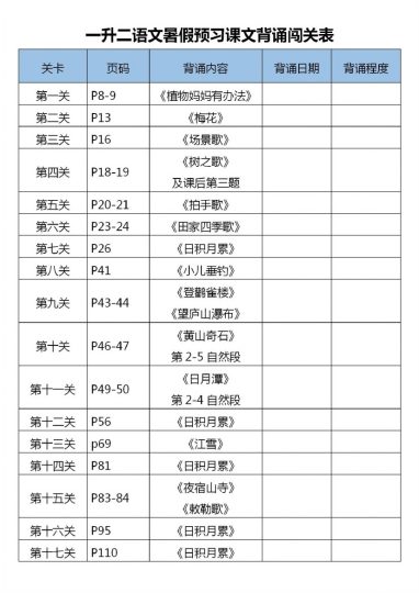 一升二语文暑假预习课文背诵闯关表2-可达学习资料