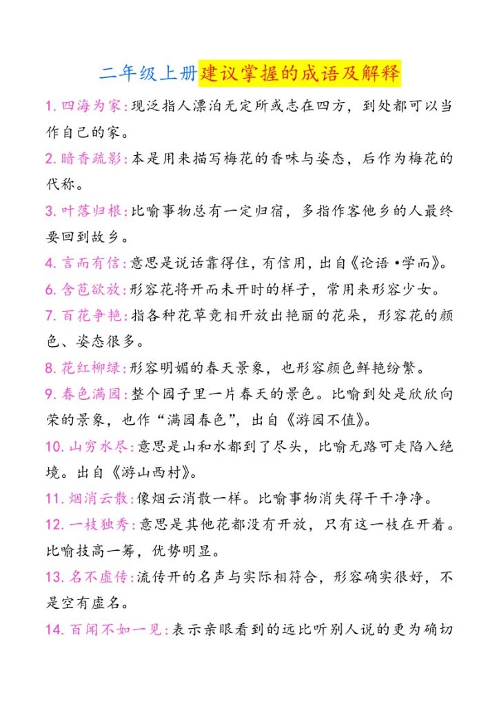 二（上）语文 建议掌握的成语及解释-可达学习资料