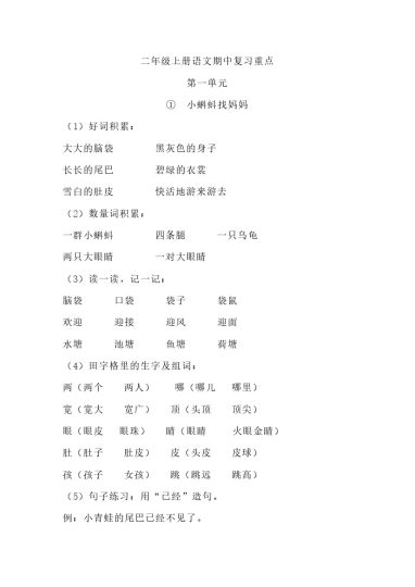 二（上）语文期中1-4单元每课复习重点-可达学习资料