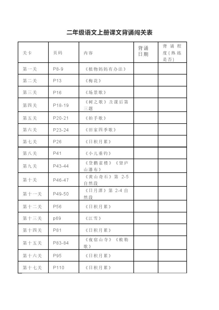 二（上）语文背诵课文内容及闯关表-可达学习资料