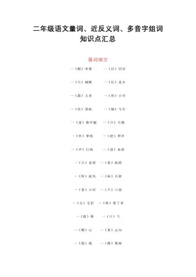 二（上）语文量词、近反义词、多音字组词知识点汇总-可达学习资料