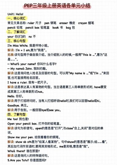 【英语各单元小结（PEP）】三上英语-可达学习资料