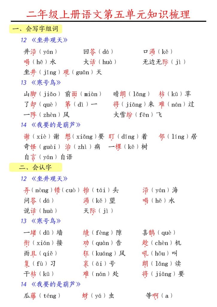 【第五单元知识梳理】二上语文-可达学习资料