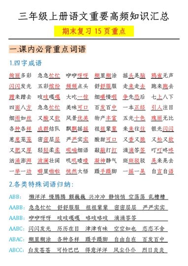 【重要高频知识汇总（期末复习15页重点）】三上语文-可达学习资料
