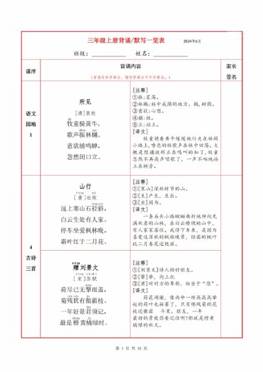 3语上必背内容+默写表-可达学习资料