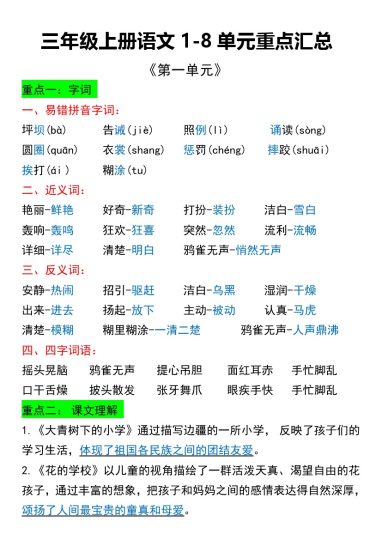 【1-8单元重点汇总】三上语文-可达学习资料