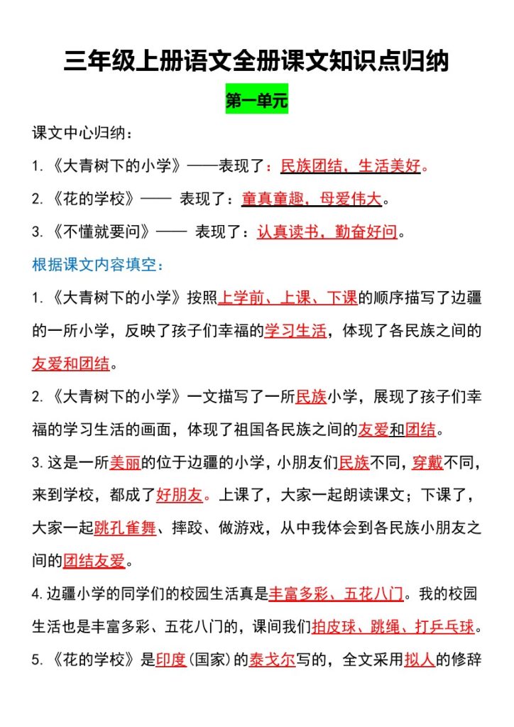 【全册课文中的知识点归纳】三上语文-可达学习资料