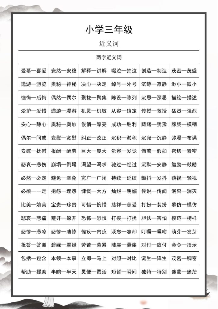 【全册近义词+反义词汇总】三上语文 第二套-可达学习资料