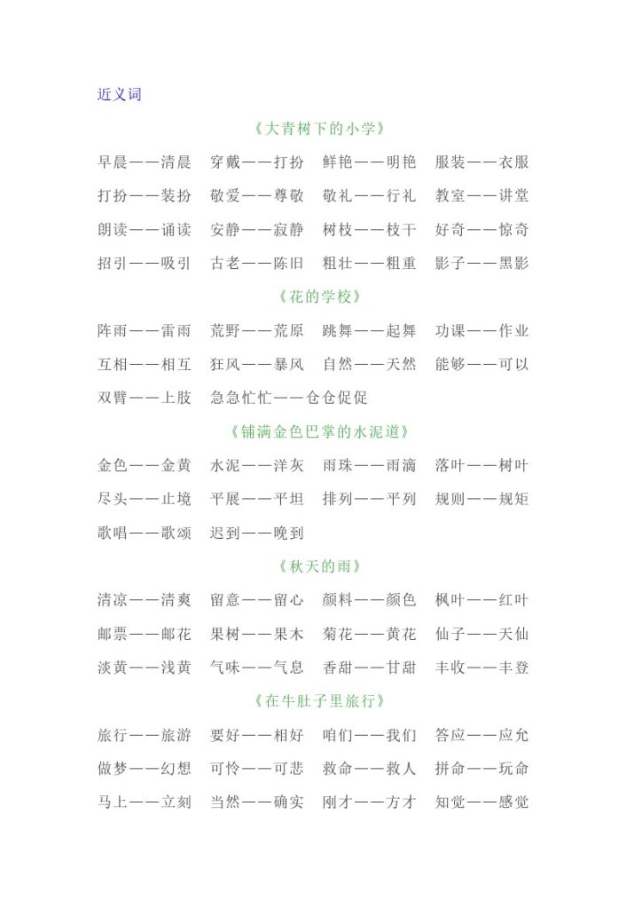 【全册近义词+反义词汇总】三上语文-可达学习资料