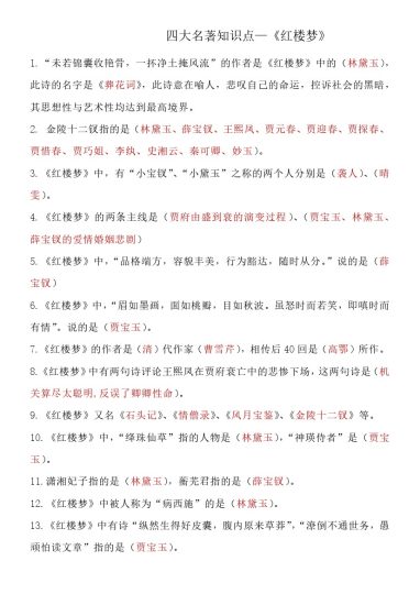 四大名著知识点汇总之《红楼梦》(2)-可达学习资料