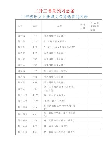 （二升三）三年级语文上册课文必背选背闯关表-可达学习资料