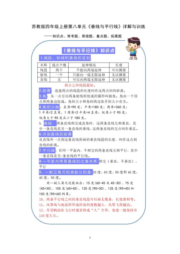 【期末提优拔尖】苏教版四年级数学上册《 垂线与平行线》（知识点、常考题、易错题、拓展题）名师详解与训练-可达学习资料