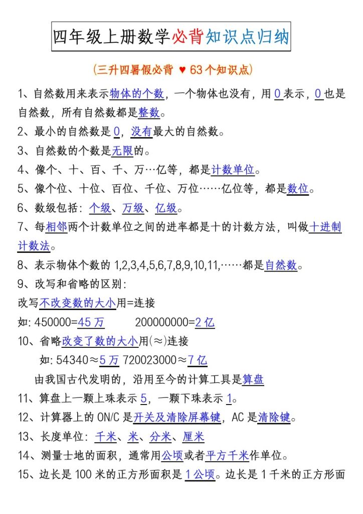 四年级数学上册必背63个知识点归纳-可达学习资料