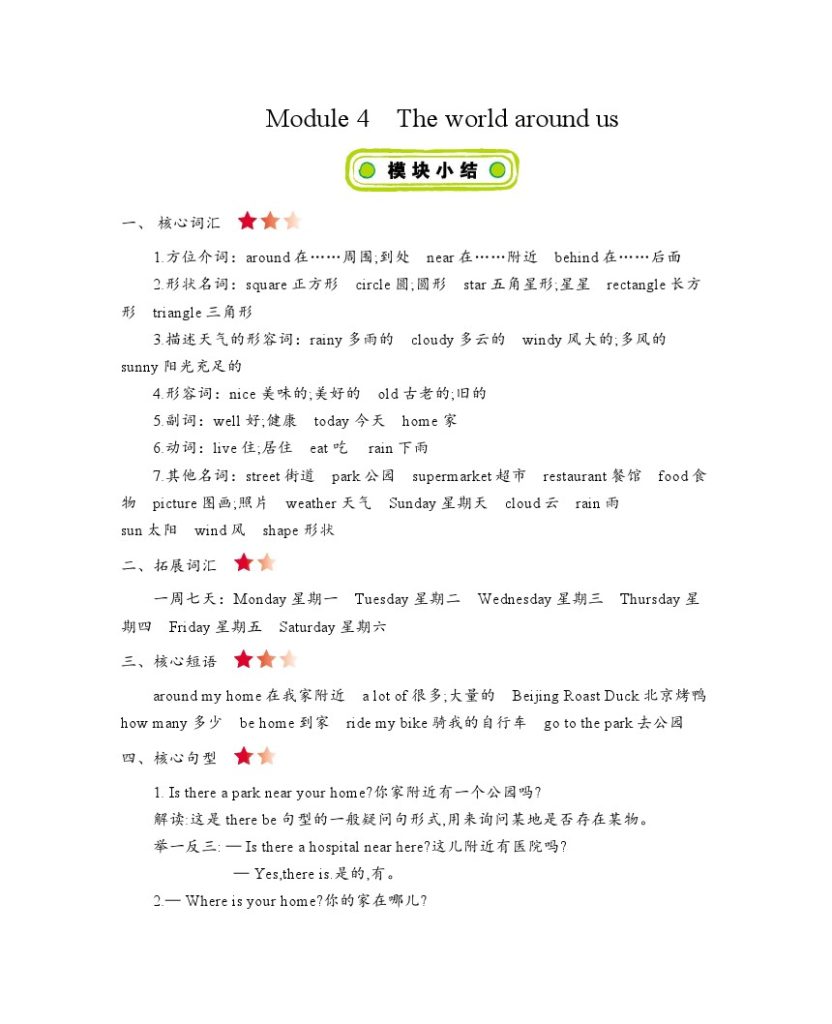 四年级上册英语素材-Module 4　The world around us 知识清单牛津上海版（三起）-可达学习资料