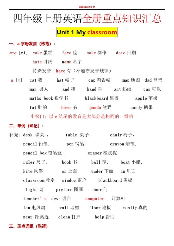 【知识点】人教PEP小学四年级上册英语知识点总结(1)-可达学习资料